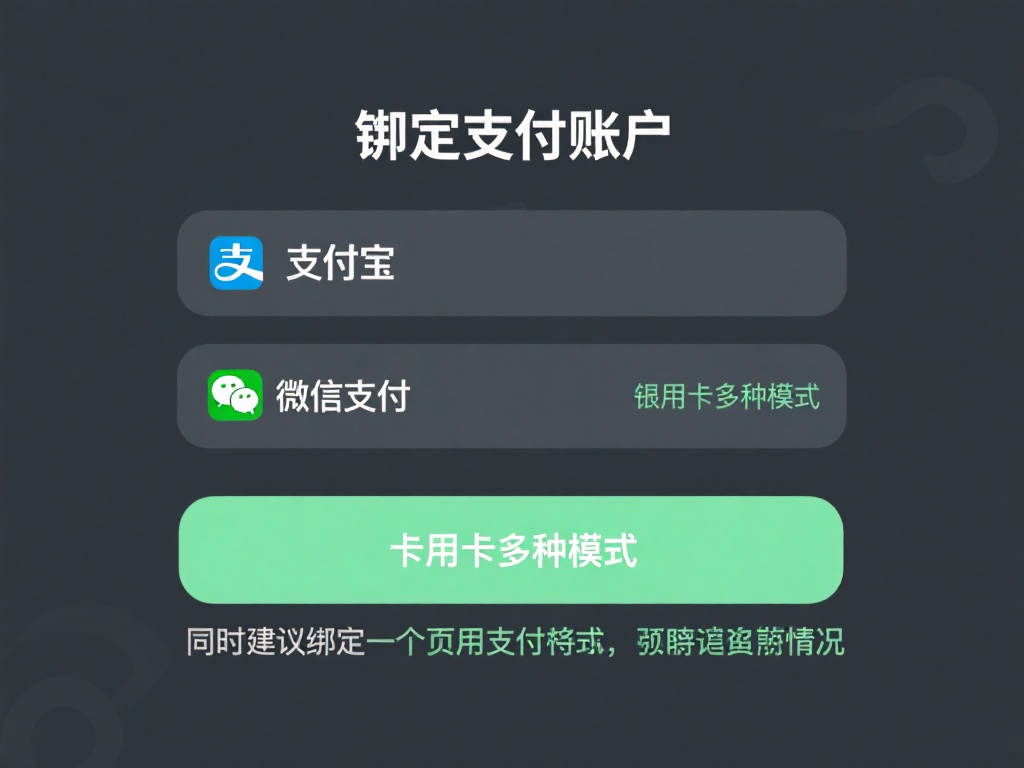 绑定支付账户：支持支付宝、微信支付、银行卡等多种模